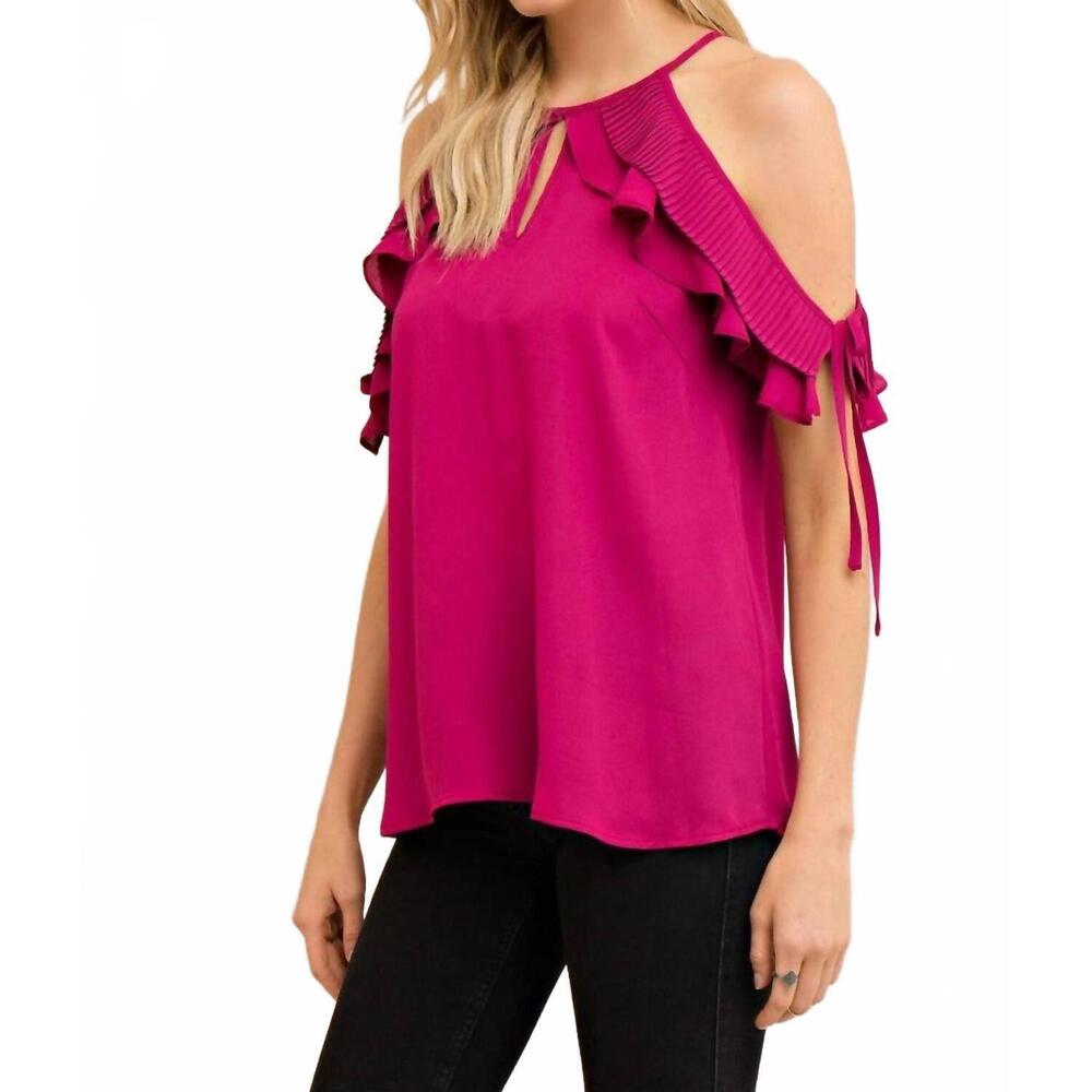 NEW ENTRO cute open shoulder ruffle top in berry - Picture 4 of 5